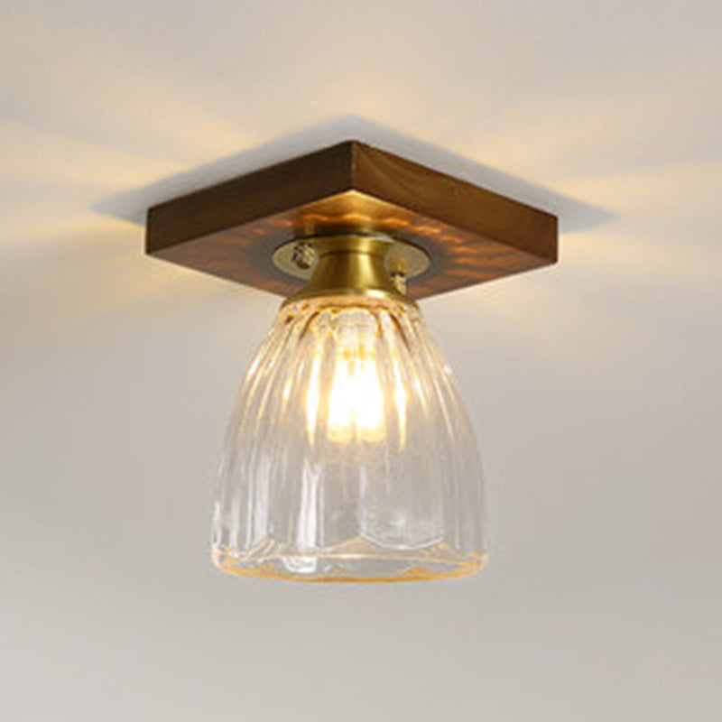 Simplicity Small Ceiling Flush Light Clear Glass 1 Bulb Entryway Flush Mount Light in Dark Wood