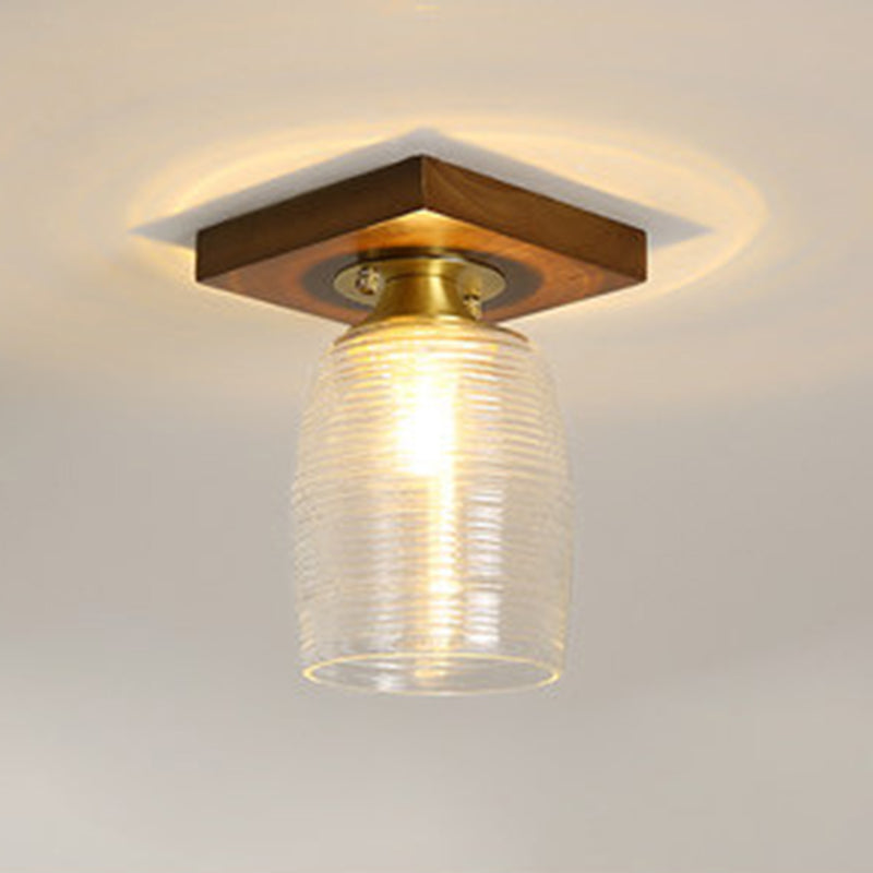 Simplicity Small Ceiling Flush Light Clear Glass 1 Bulb Entryway Flush Mount Light in Dark Wood
