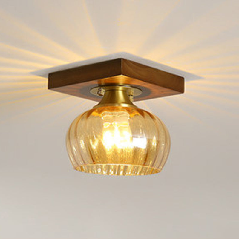 Simplicity Small Ceiling Flush Light Clear Glass 1 Bulb Entryway Flush Mount Light in Dark Wood