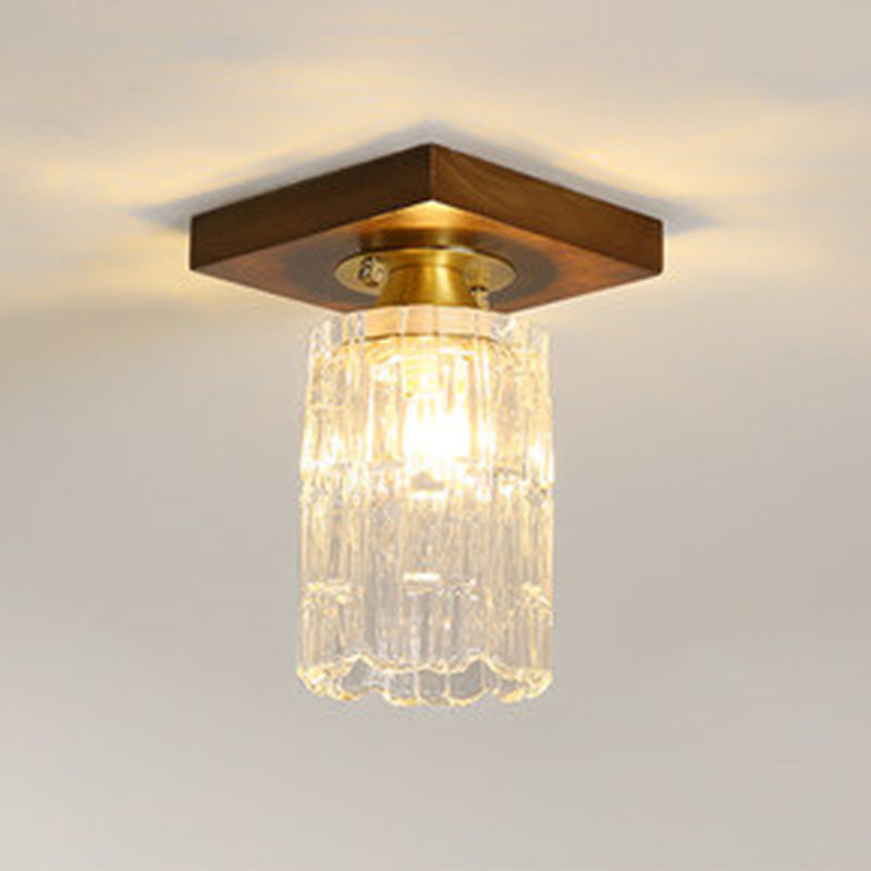 Simplicity Small Ceiling Flush Light Clear Glass 1 Bulb Entryway Flush Mount Light in Dark Wood