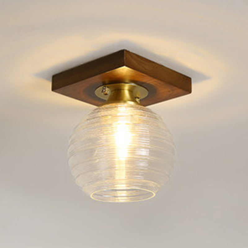 Simplicity Small Ceiling Flush Light Clear Glass 1 Bulb Entryway Flush Mount Light in Dark Wood