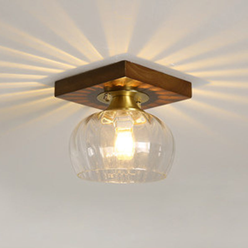 Simplicity Small Ceiling Flush Light Clear Glass 1 Bulb Entryway Flush Mount Light in Dark Wood