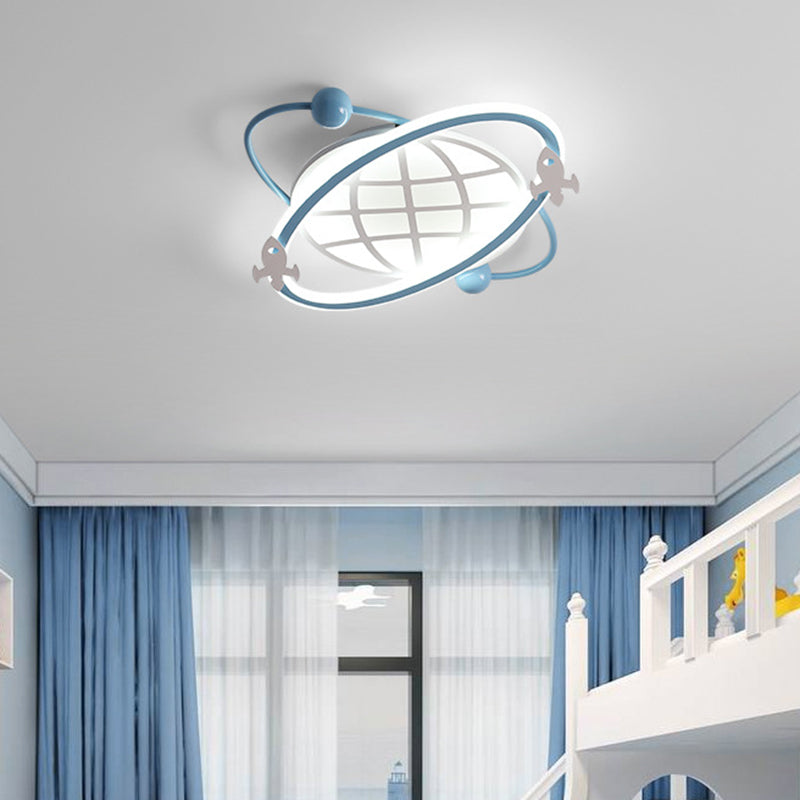 Childrens Orbit Flush Mount Ceiling Light Metal Bedroom LED Flush Light with Rocket Detail