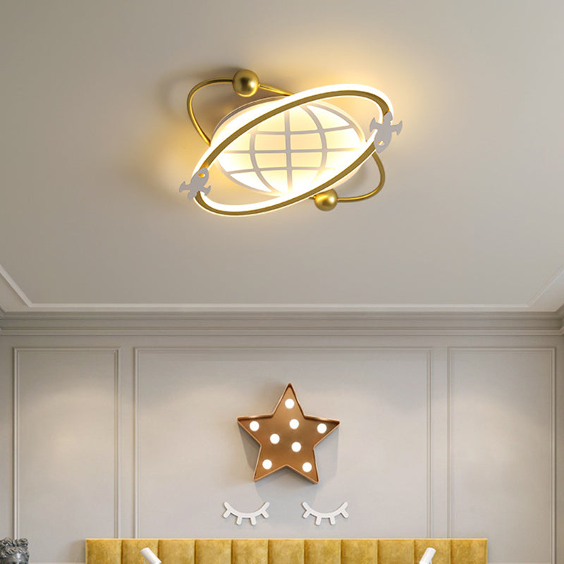 Childrens Orbit Flush Mount Ceiling Light Metal Bedroom LED Flush Light with Rocket Detail