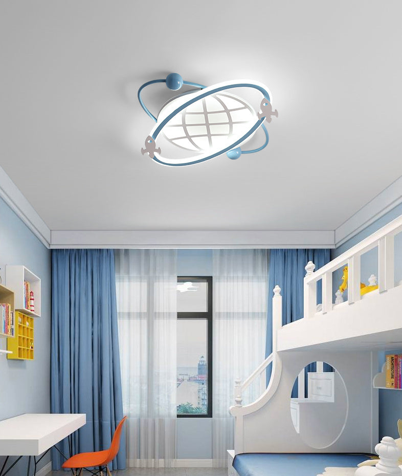 Childrens Orbit Flush Mount Ceiling Light Metal Bedroom LED Flush Light with Rocket Detail