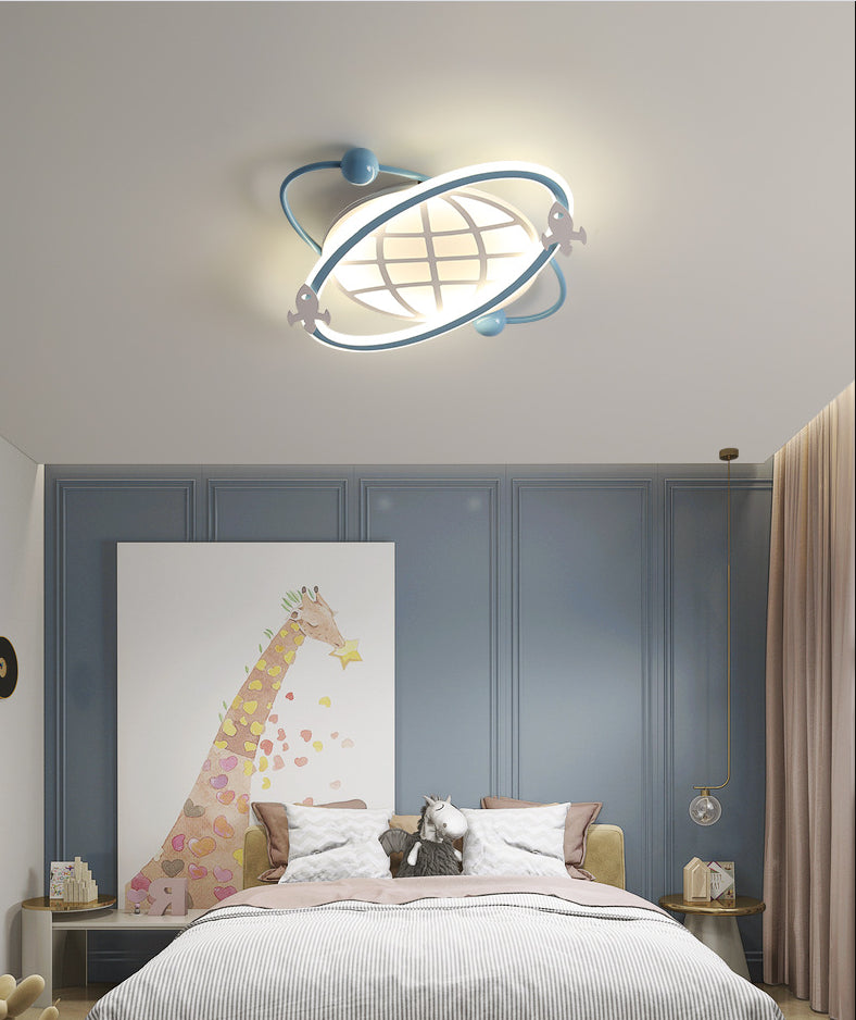 Childrens Orbit Flush Mount Ceiling Light Metal Bedroom LED Flush Light with Rocket Detail
