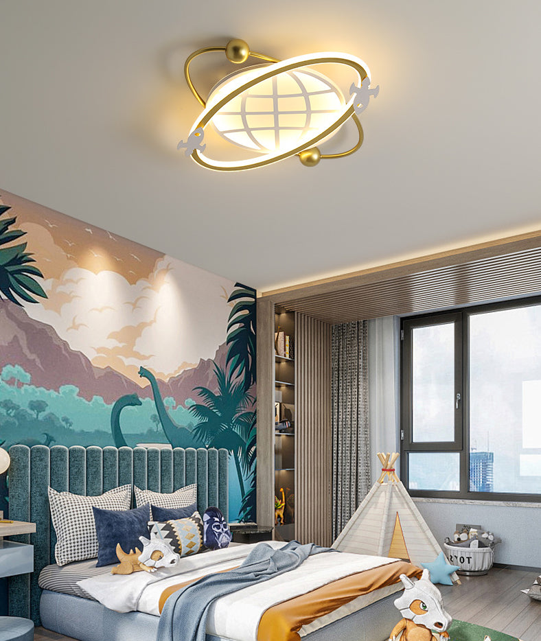 Childrens Orbit Flush Mount Ceiling Light Metal Bedroom LED Flush Light with Rocket Detail