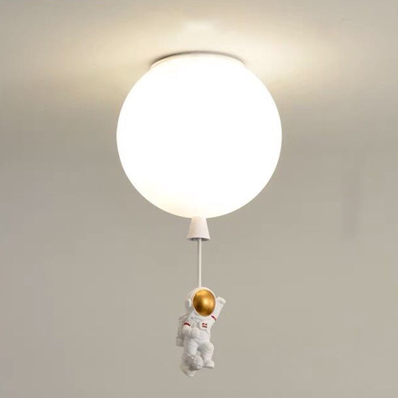 White Glass Balloon Ceiling Lamp Childrens Style Flush Mount Lighting with Resin Toy