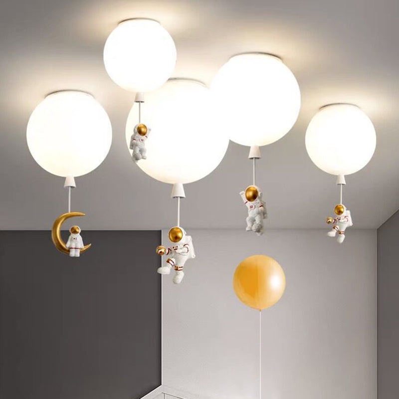 White Glass Balloon Ceiling Lamp Childrens Style Flush Mount Lighting with Resin Toy