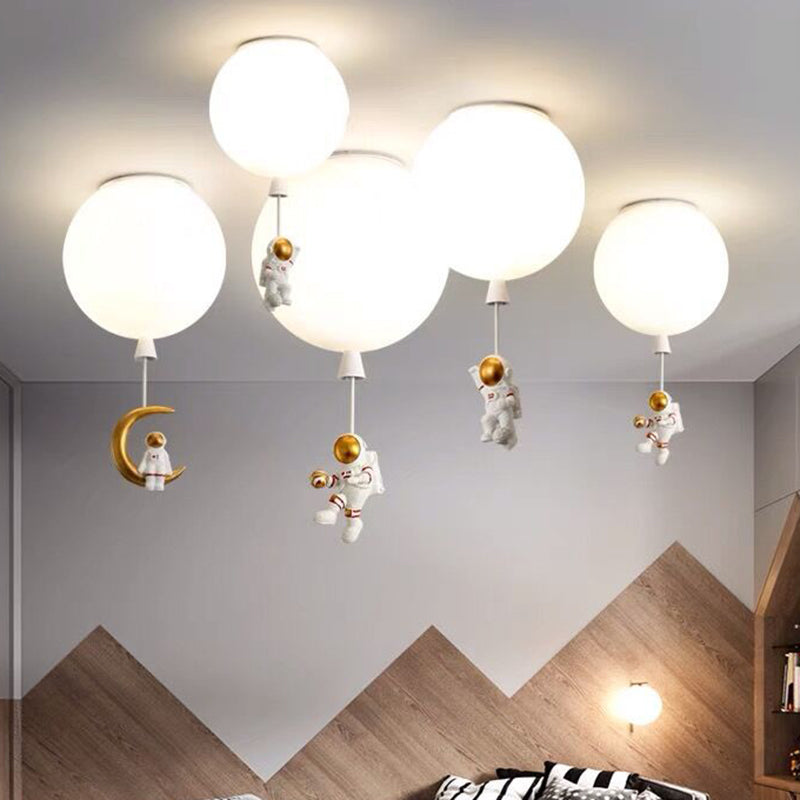 White Glass Balloon Ceiling Lamp Childrens Style Flush Mount Lighting with Resin Toy