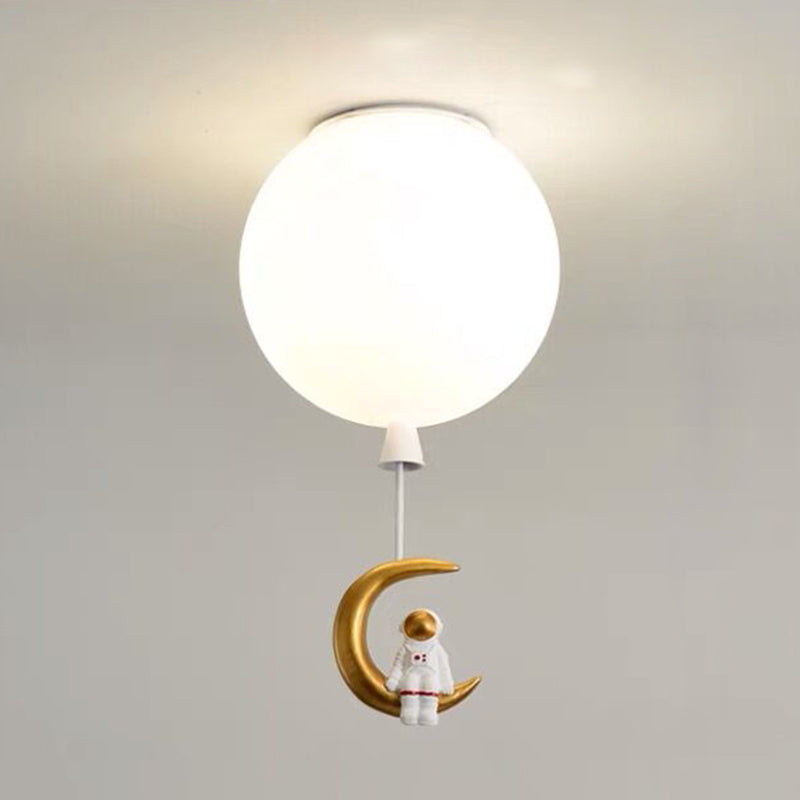 White Glass Balloon Ceiling Lamp Childrens Style Flush Mount Lighting with Resin Toy