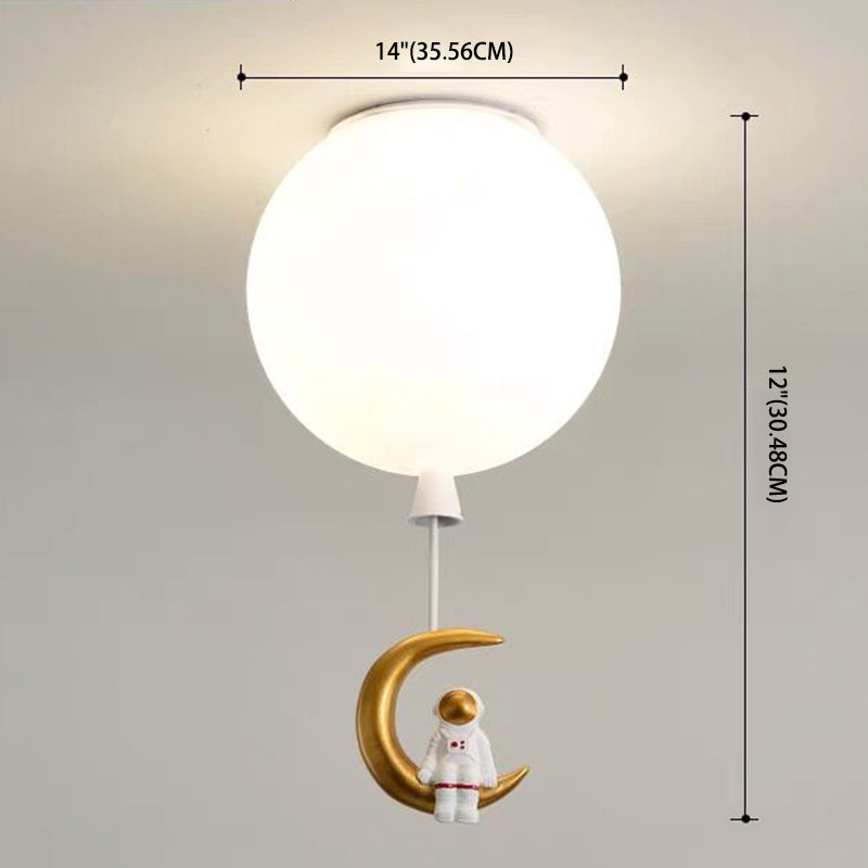White Glass Balloon Ceiling Lamp Childrens Style Flush Mount Lighting with Resin Toy
