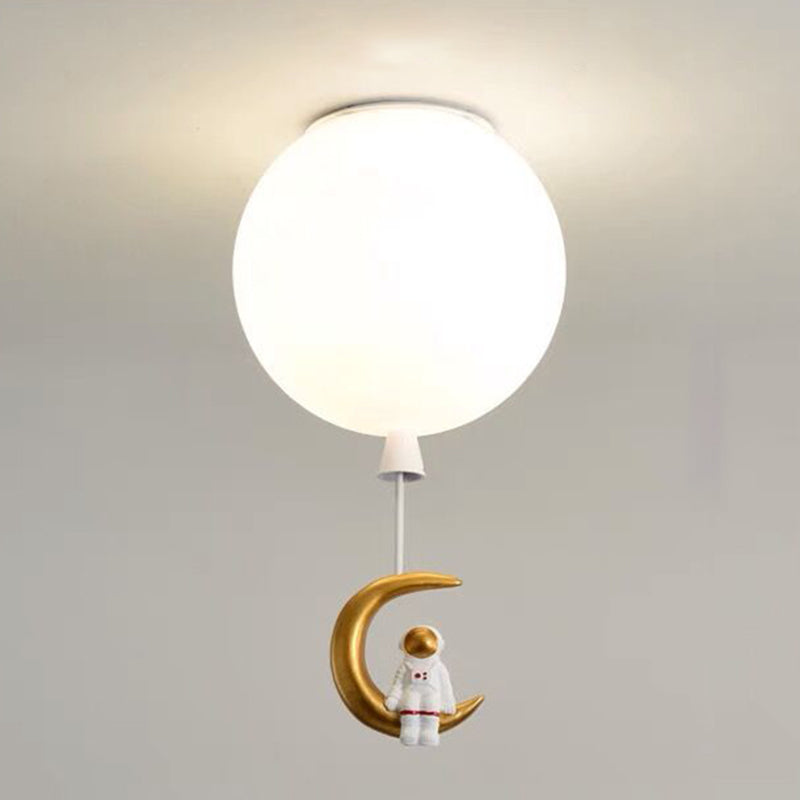 White Glass Balloon Ceiling Lamp Childrens Style Flush Mount Lighting with Resin Toy