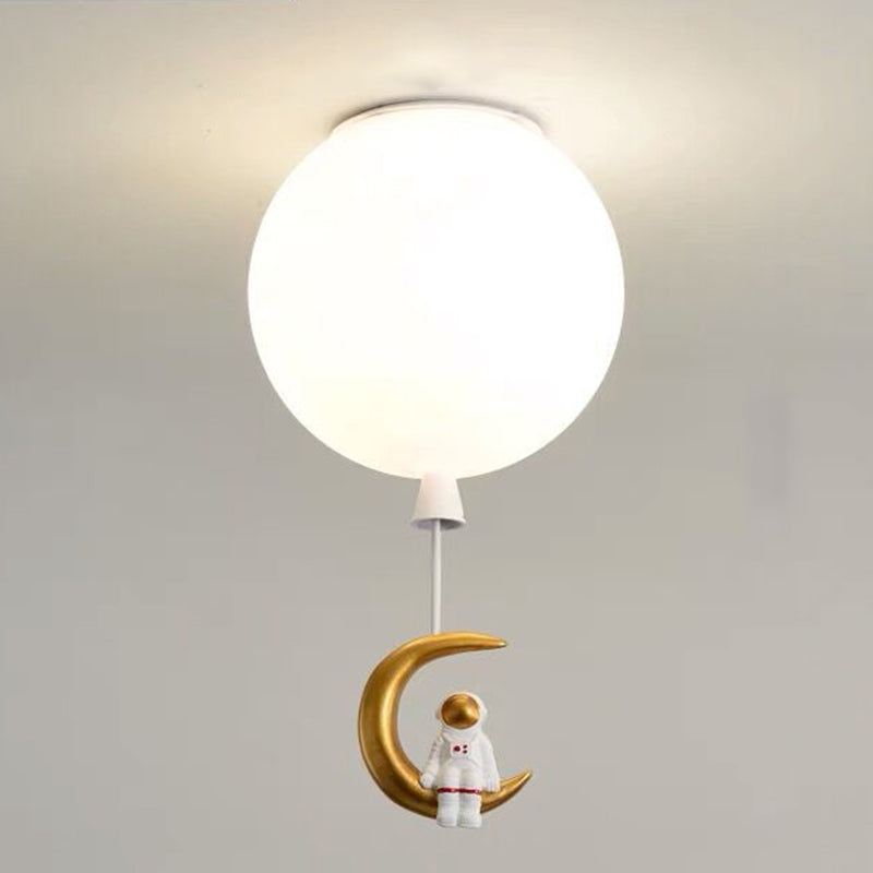 White Glass Balloon Ceiling Lamp Childrens Style Flush Mount Lighting with Resin Toy