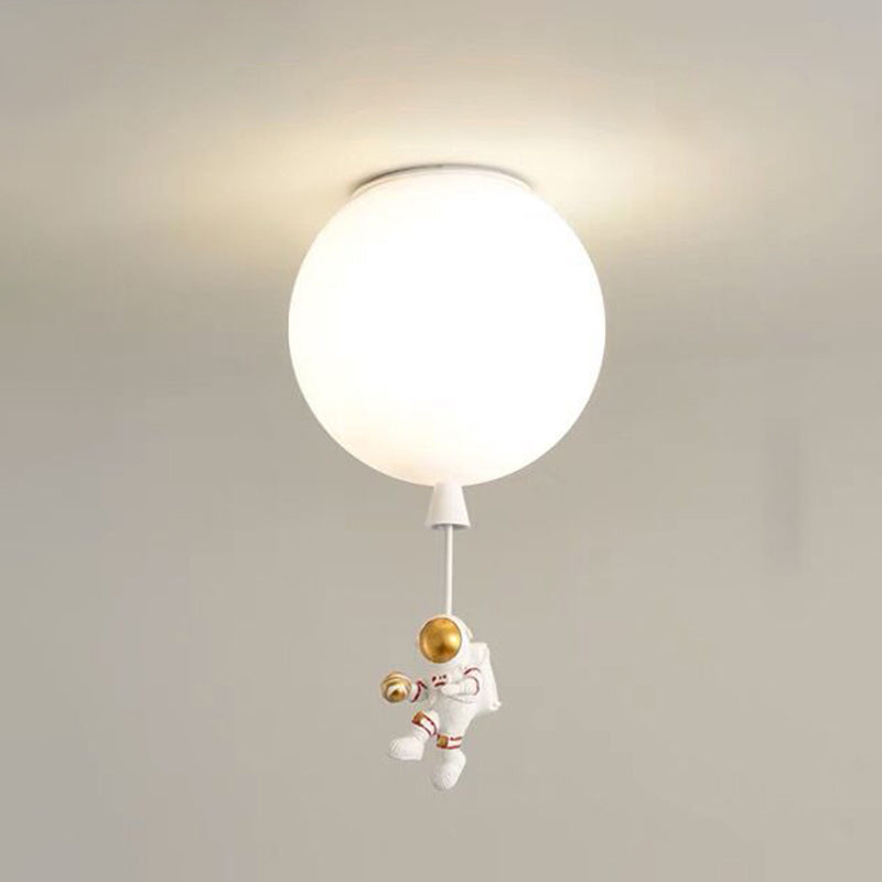 White Glass Balloon Ceiling Lamp Childrens Style Flush Mount Lighting with Resin Toy