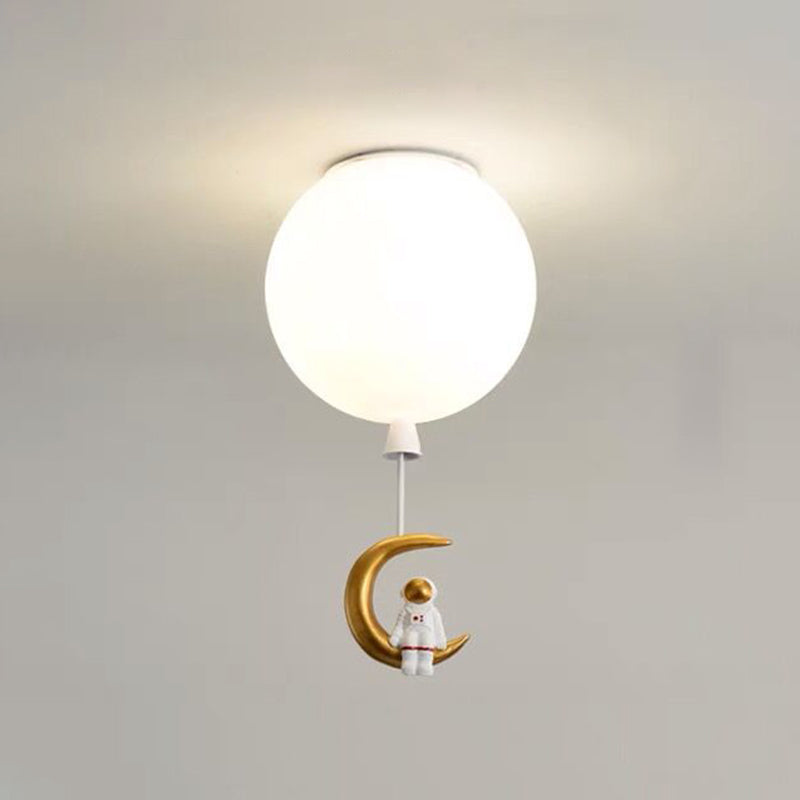 White Glass Balloon Ceiling Lamp Childrens Style Flush Mount Lighting with Resin Toy