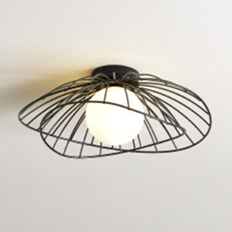 Iron Wire Saucer Shaped Flush Light Modern 1-Light Small Ceiling Mount Light with Ball White Glass Shade