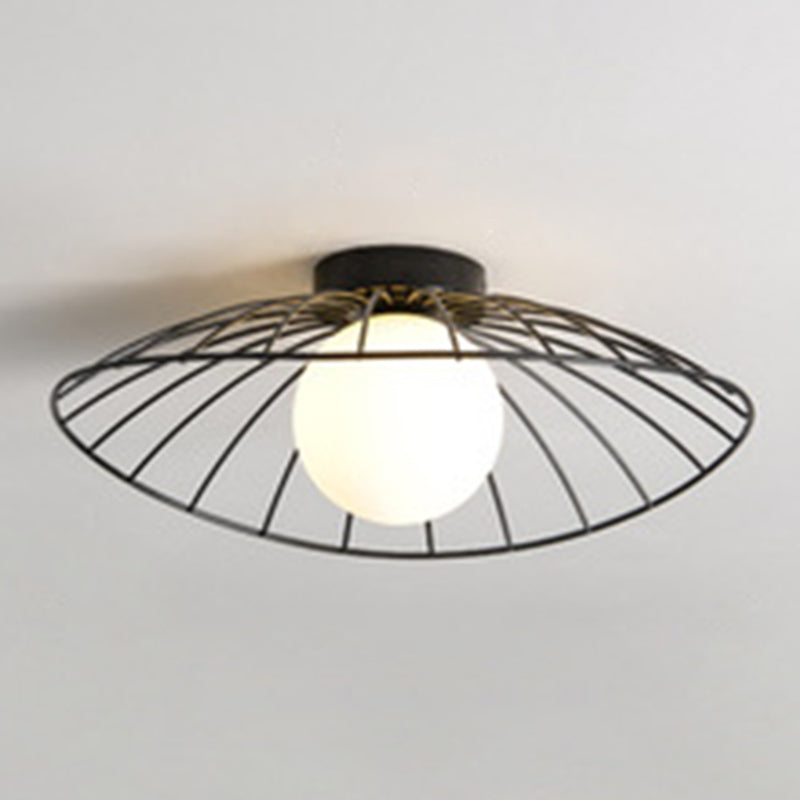 Iron Wire Saucer Shaped Flush Light Modern 1-Light Small Ceiling Mount Light with Ball White Glass Shade