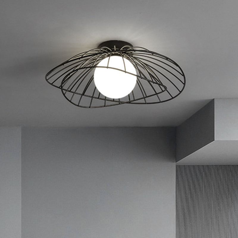 Iron Wire Saucer Shaped Flush Light Modern 1-Light Small Ceiling Mount Light with Ball White Glass Shade