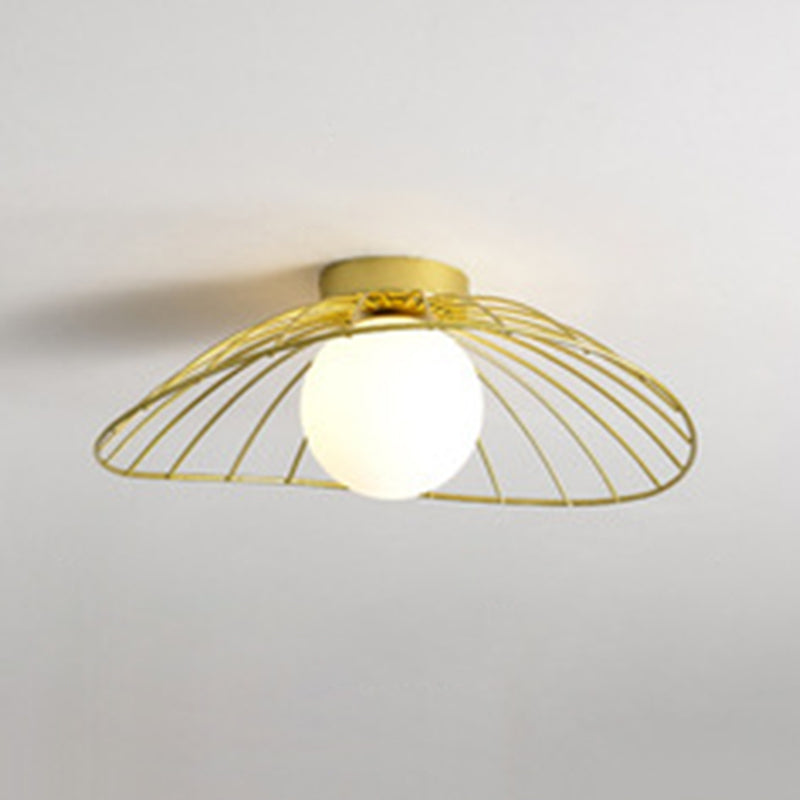 Iron Wire Saucer Shaped Flush Light Modern 1-Light Small Ceiling Mount Light with Ball White Glass Shade