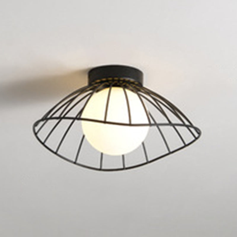 Iron Wire Saucer Shaped Flush Light Modern 1-Light Small Ceiling Mount Light with Ball White Glass Shade