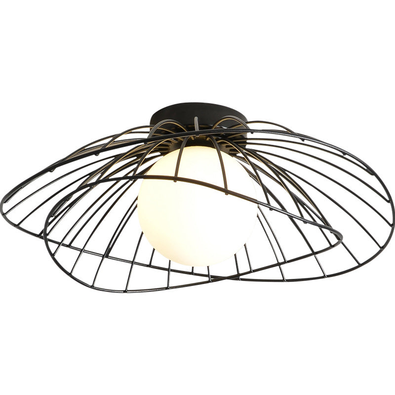 Iron Wire Saucer Shaped Flush Light Modern 1-Light Small Ceiling Mount Light with Ball White Glass Shade