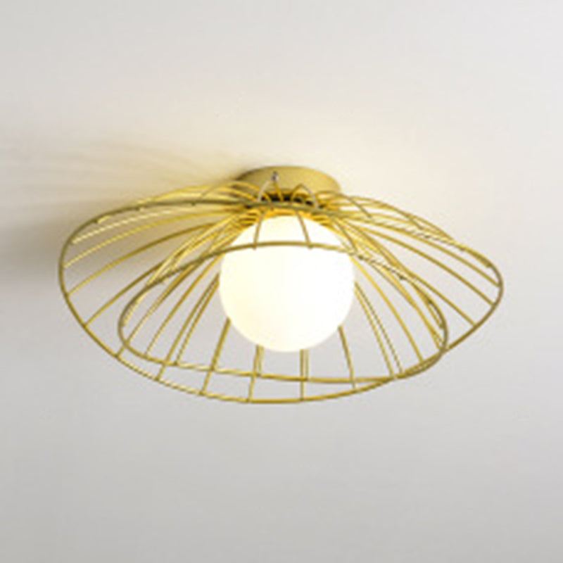 Iron Wire Saucer Shaped Flush Light Modern 1-Light Small Ceiling Mount Light with Ball White Glass Shade