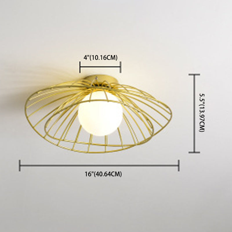 Iron Wire Saucer Shaped Flush Light Modern 1-Light Small Ceiling Mount Light with Ball White Glass Shade