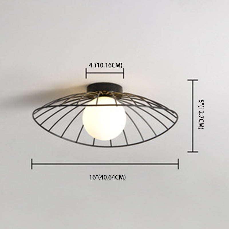 Iron Wire Saucer Shaped Flush Light Modern 1-Light Small Ceiling Mount Light with Ball White Glass Shade