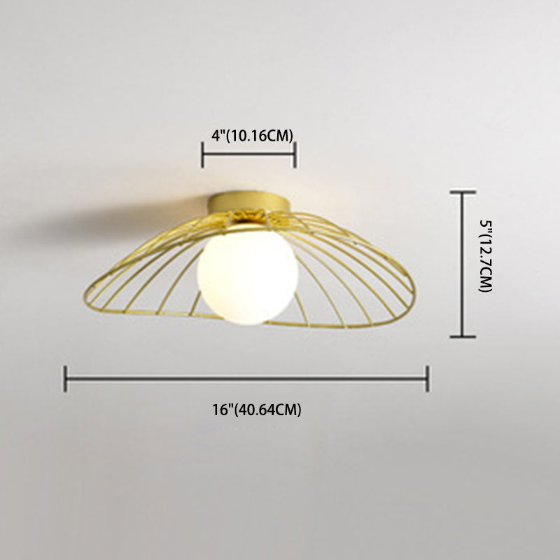 Iron Wire Saucer Shaped Flush Light Modern 1-Light Small Ceiling Mount Light with Ball White Glass Shade