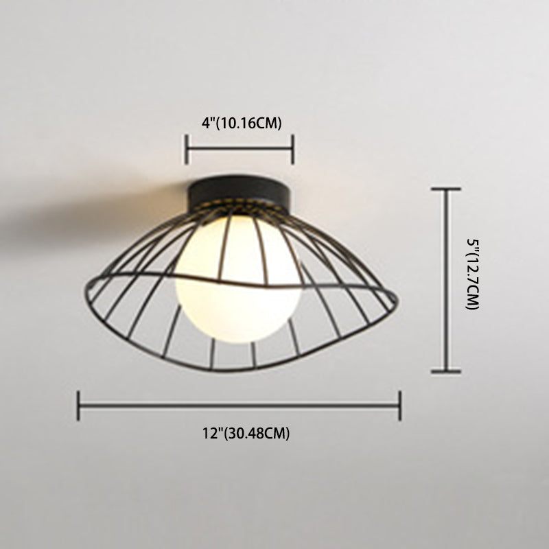 Iron Wire Saucer Shaped Flush Light Modern 1-Light Small Ceiling Mount Light with Ball White Glass Shade