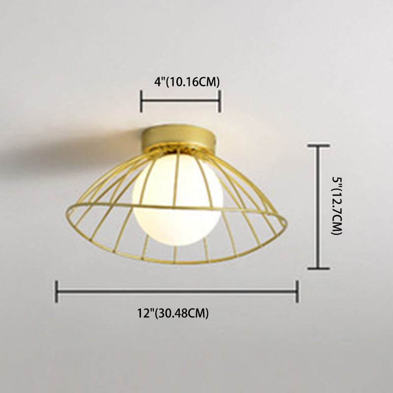 Iron Wire Saucer Shaped Flush Light Modern 1-Light Small Ceiling Mount Light with Ball White Glass Shade