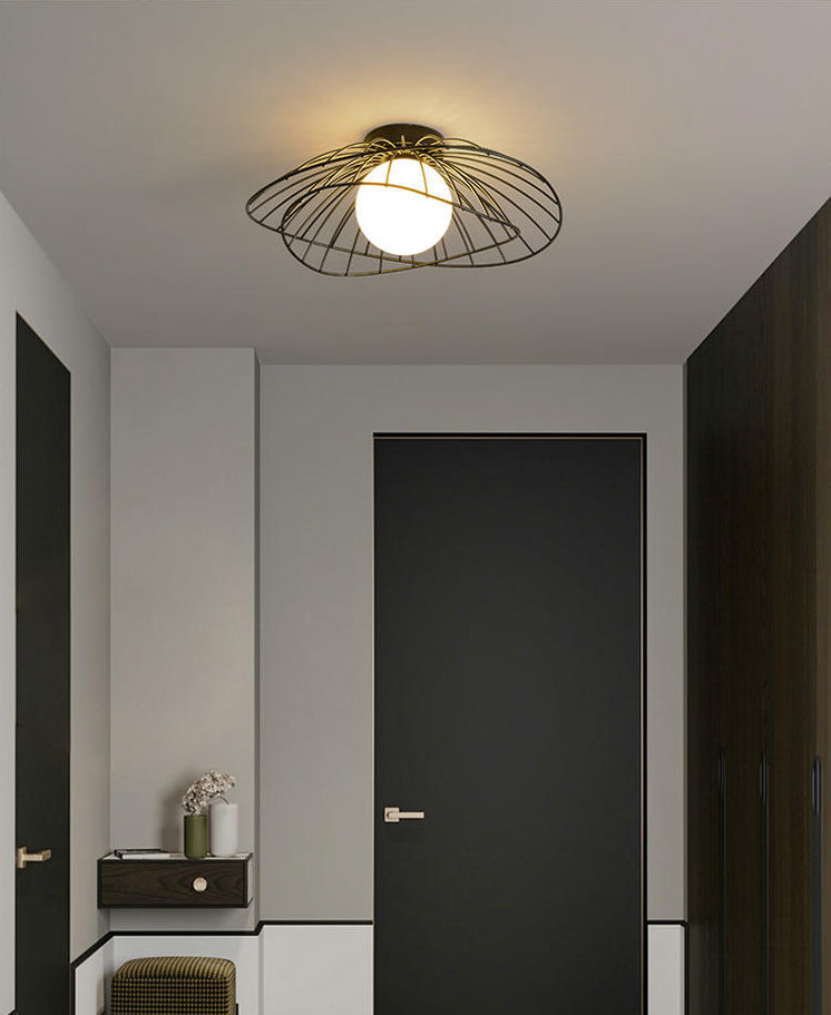 Iron Wire Saucer Shaped Flush Light Modern 1-Light Small Ceiling Mount Light with Ball White Glass Shade