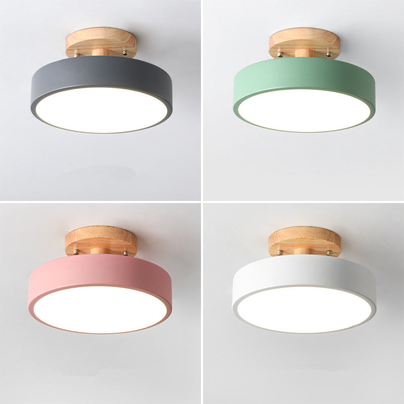 Round Corridor Semi Flush Light Acrylic Macaron Style LED Flush Ceiling Light with Wooden Canopy