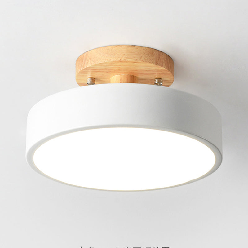 Round Corridor Semi Flush Light Acrylic Macaron Style LED Flush Ceiling Light with Wooden Canopy