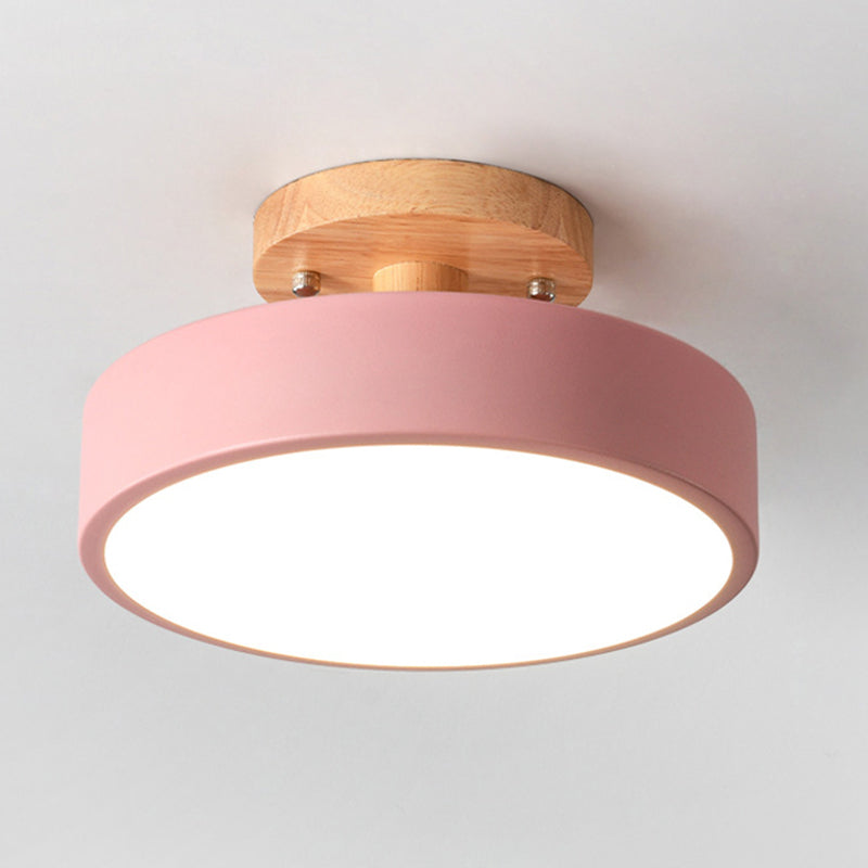 Round Corridor Semi Flush Light Acrylic Macaron Style LED Flush Ceiling Light with Wooden Canopy