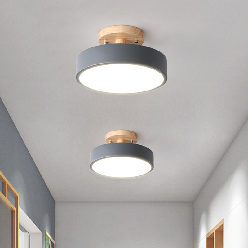 Round Corridor Semi Flush Light Acrylic Macaron Style LED Flush Ceiling Light with Wooden Canopy