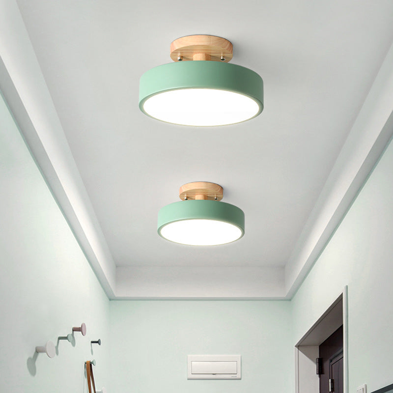Round Corridor Semi Flush Light Acrylic Macaron Style LED Flush Ceiling Light with Wooden Canopy