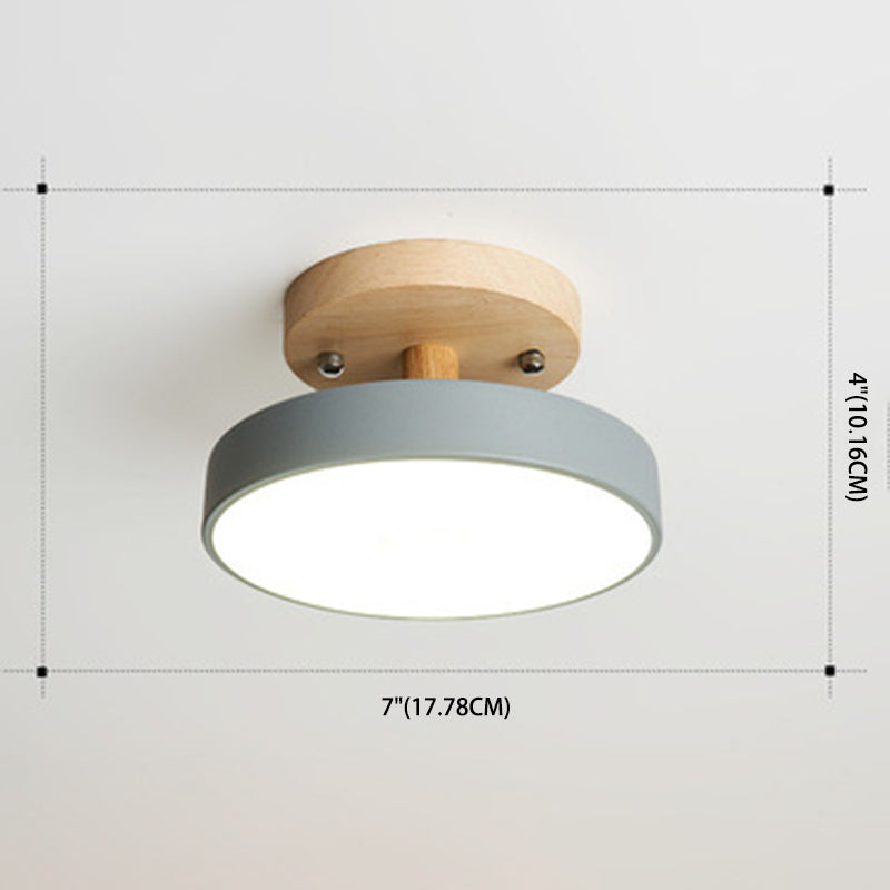 Round Corridor Semi Flush Light Acrylic Macaron Style LED Flush Ceiling Light with Wooden Canopy