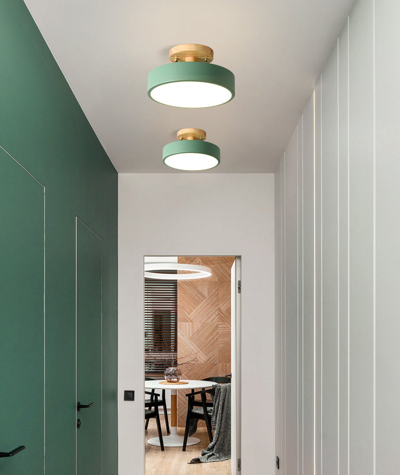 Round Corridor Semi Flush Light Acrylic Macaron Style LED Flush Ceiling Light with Wooden Canopy