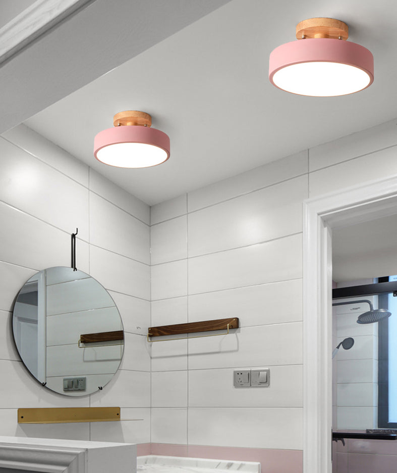 Round Corridor Semi Flush Light Acrylic Macaron Style LED Flush Ceiling Light with Wooden Canopy