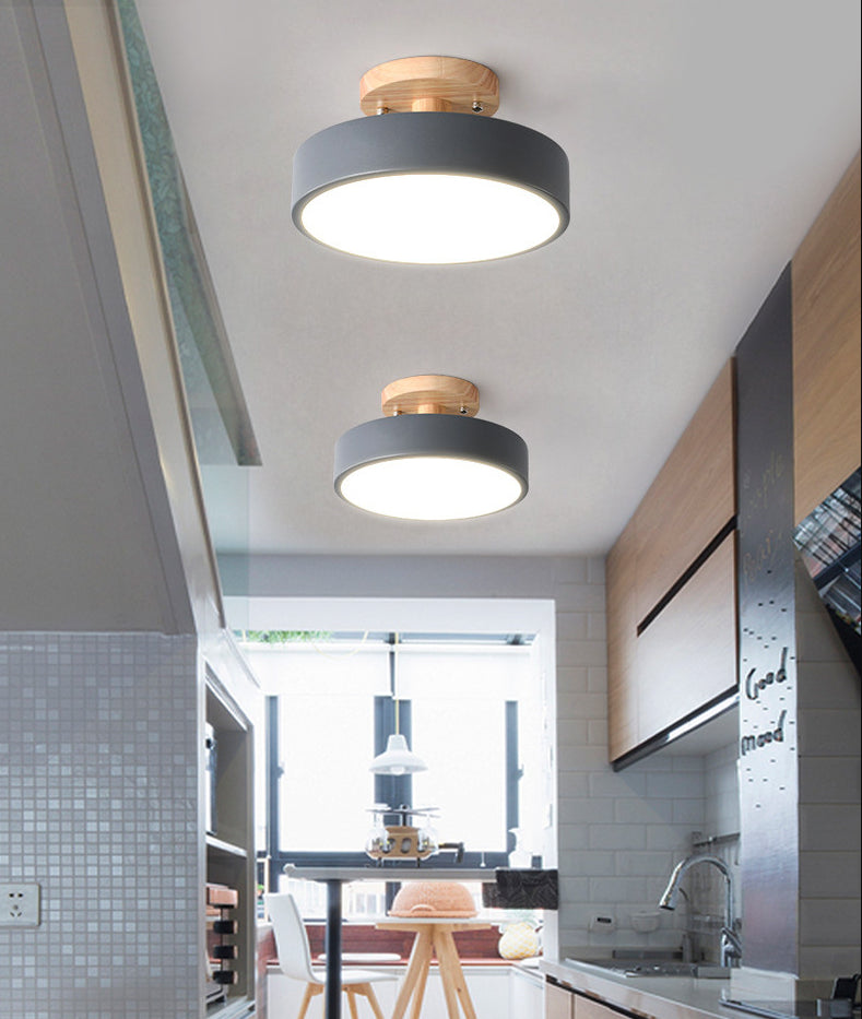 Round Corridor Semi Flush Light Acrylic Macaron Style LED Flush Ceiling Light with Wooden Canopy