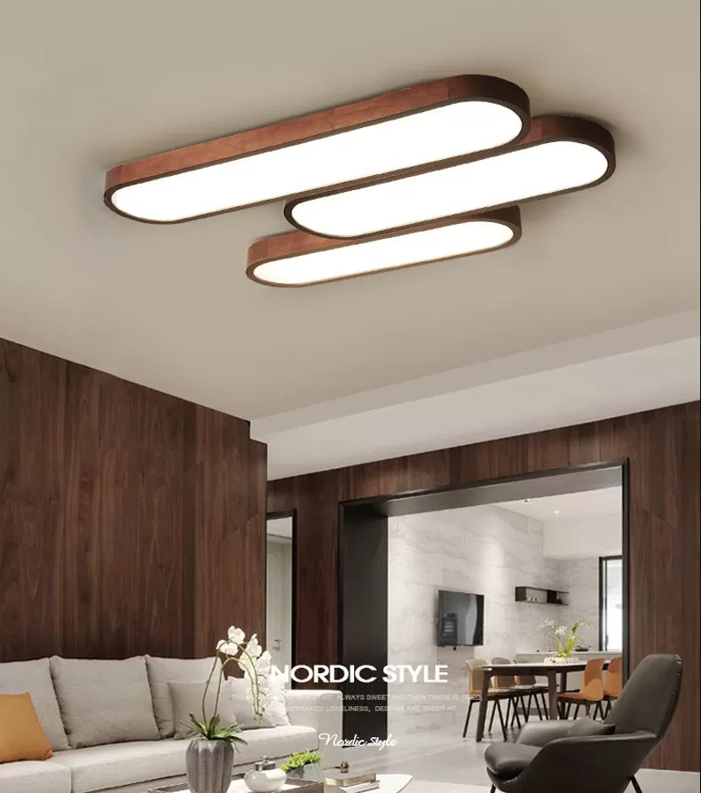 Dining Room Flush Mount Light Nordic Dark Wood Ceiling Fixture with Oblong Acrylic Shade