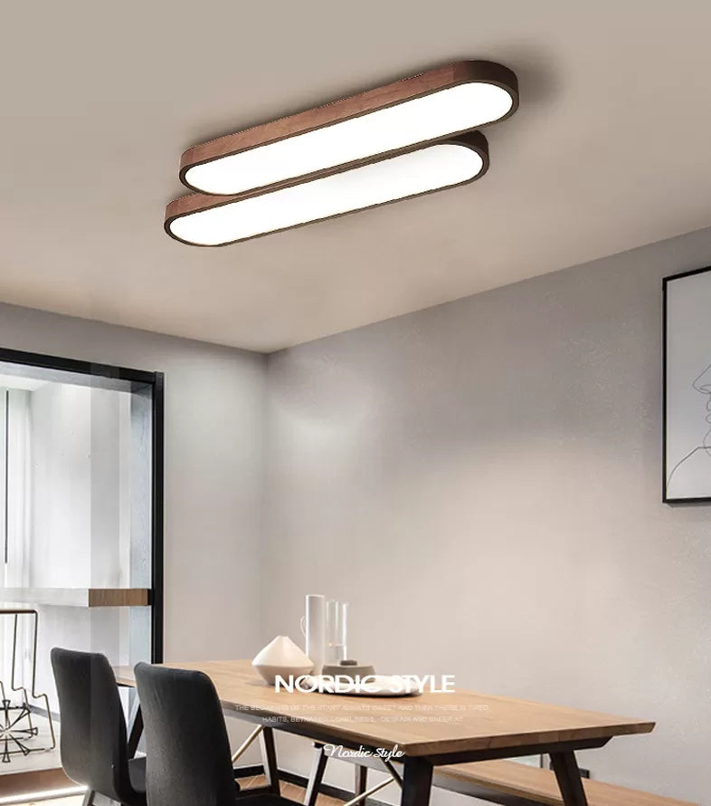 Plafonnier nordique en bois foncé pour salle à manger, luminaire de plafond avec abat-jour oblong en acrylique