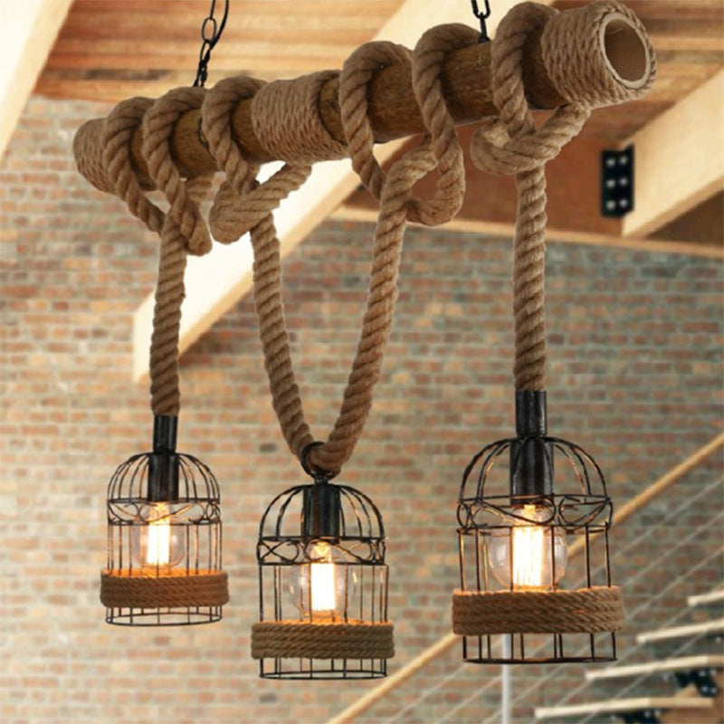 Industrial Iron Cage Island Light Fixtures with Adjustable Hemp Rope 3 Lights Ceiling Pendant for Bar
