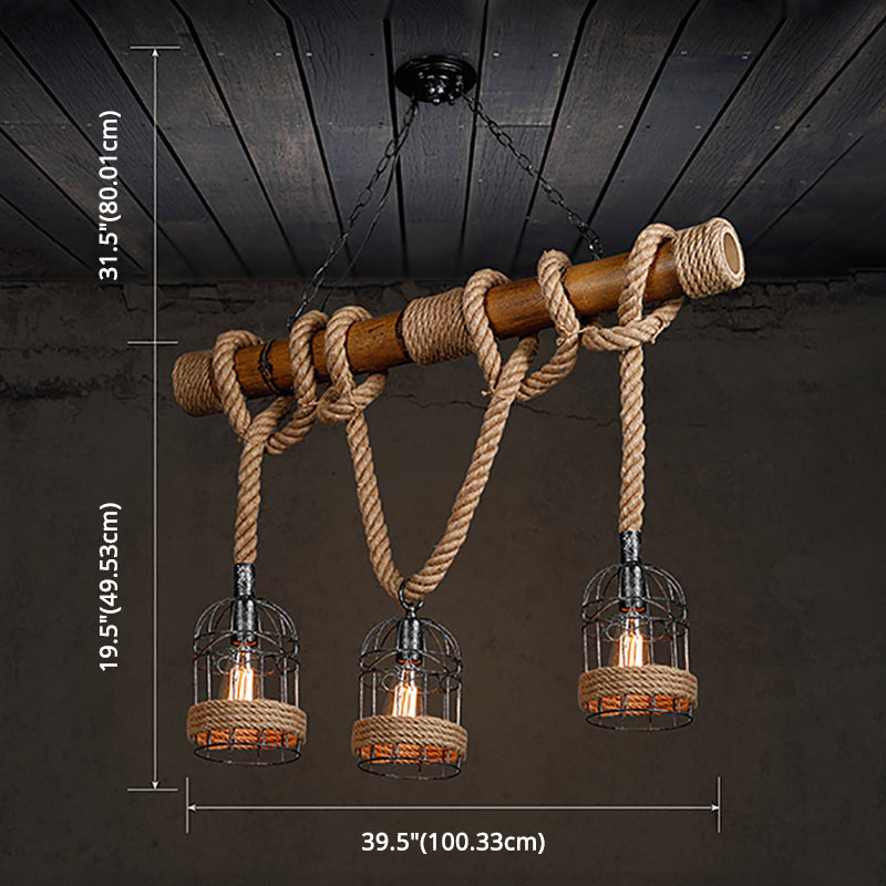 Industrial Iron Cage Island Light Fixtures with Adjustable Hemp Rope 3 Lights Ceiling Pendant for Bar