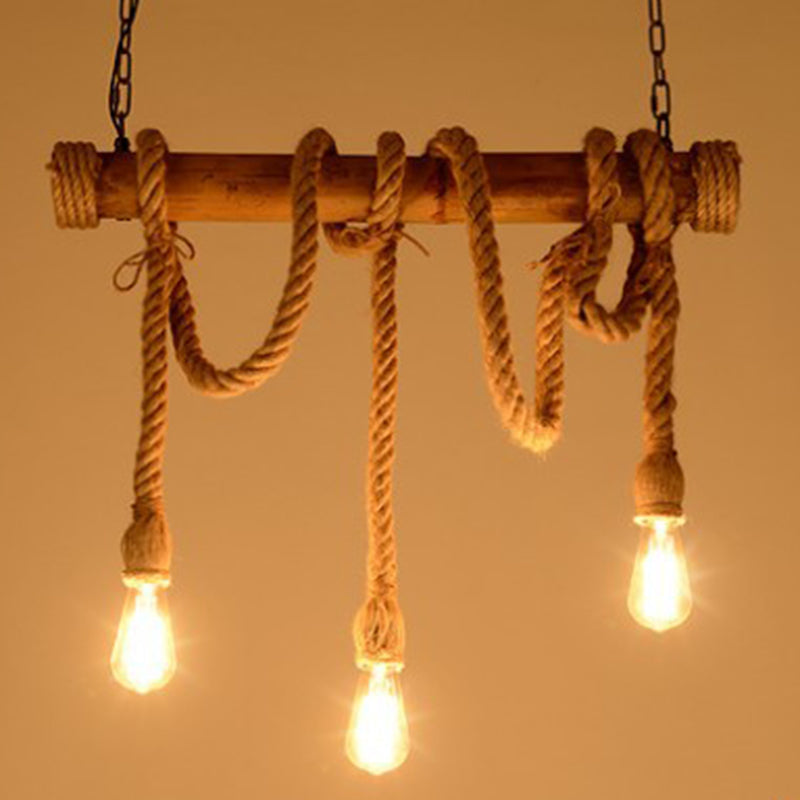 Country Style Hemp Rope Island Light Bamboo 3 Lights Bare Bulb Bar Decorative Island Pendant