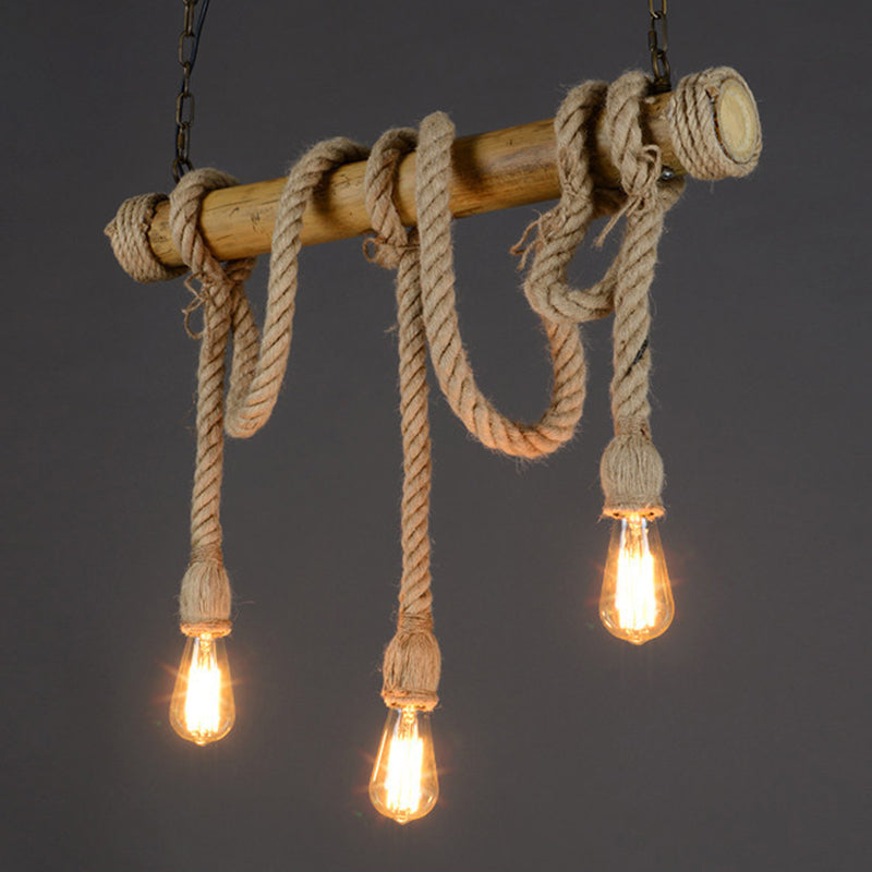 Country Style Hemp Rope Island Light Bamboo 3 Lights Bare Bulb Bar Decorative Island Pendant