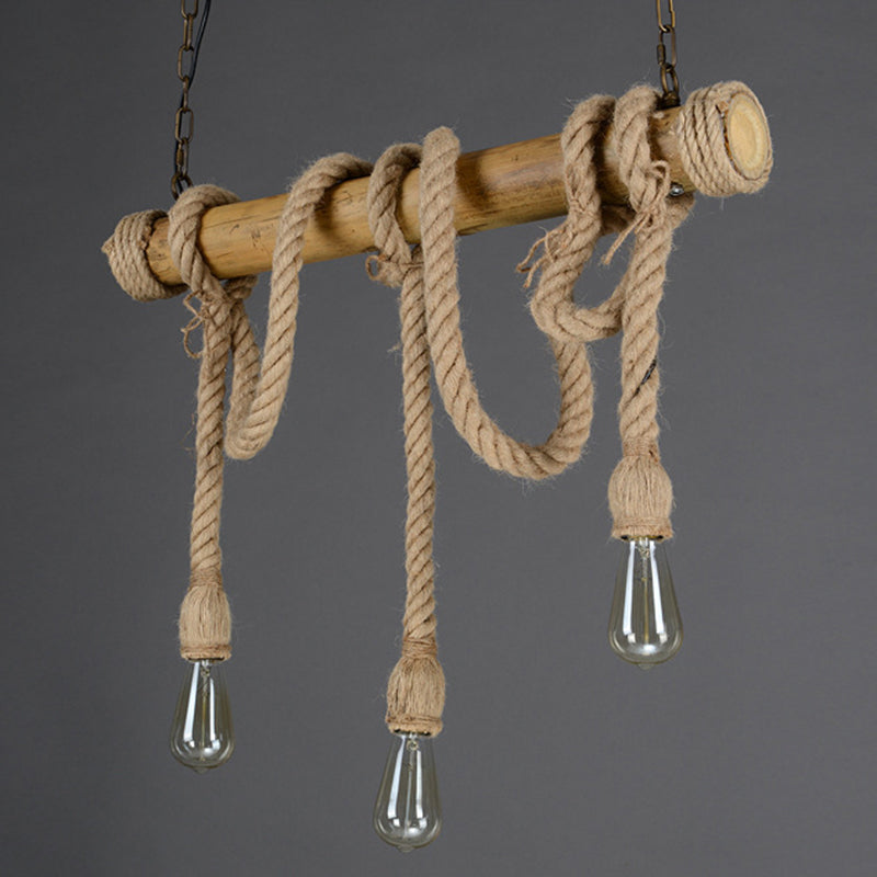 Country Style Hemp Rope Island Light Bamboo 3 Lights Bare Bulb Bar Decorative Island Pendant