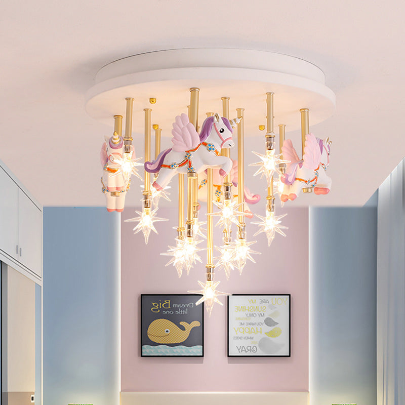 Resin Horse/Bird/Crane Ceiling Light Fixture Kids 13/16 Lights Blue/Pink Flush Mount Lighting with Clear Glass Shade